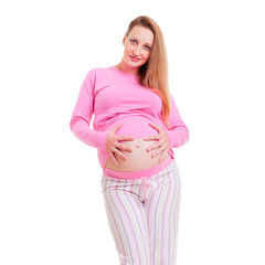 beautiful pregnant woman in pink pyjamas