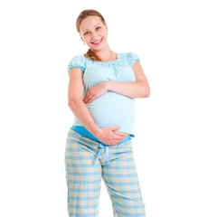 happy pregnant woman in pyjamas