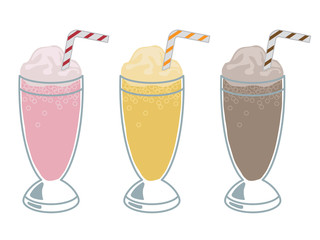 Milkshakes vector clipart strawberry banana chocolate glass with icecream and straw isolated on white