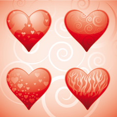 Fototapeta na wymiar Four glossy valentine hearts with various elements inside.