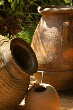 terracotta pots in sunshine and shadow