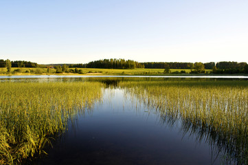 Calm lake with grass and hills