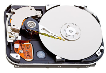 Close-up inside view of  hard disk isolated on white