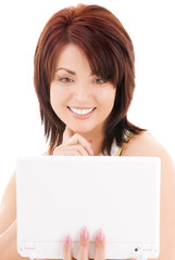 happy woman with laptop computer