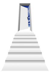 high resolution 3D opened door with a stair heading to a sky