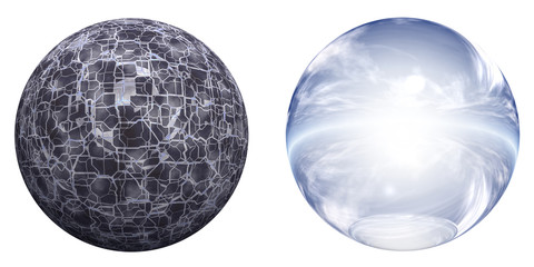 3d blue, white and black glass spheres set or collection