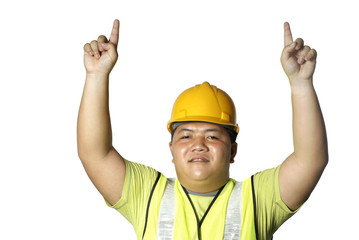 Asian construction worker pointing up with white copy space