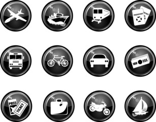 Black Twelve Glossy Vector Travel Icons. Illustration.