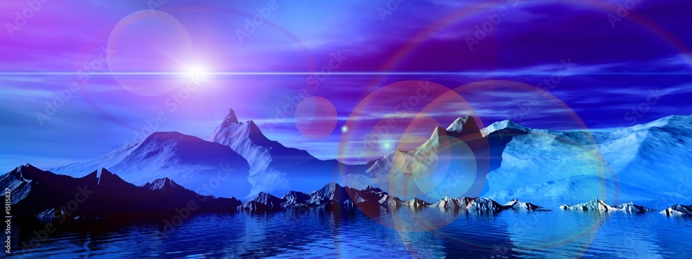 Fototapete Panoramic scene. 3D landscape. glow
