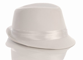 white mens dress hat with reflection on white background