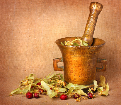 Old bronze mortar with linden and rose hips