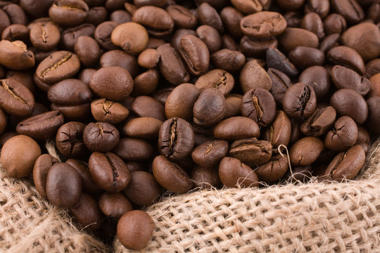 coffe beans in a sack close look