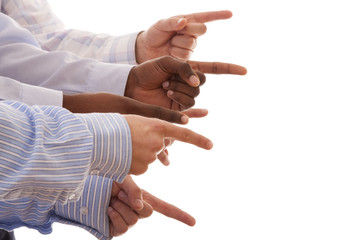multiracial hands gesturing together (isolated on white)