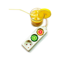 Power extension cord and glass of juice. Energy drink concept.