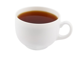 White cup of hot tea isolated on white