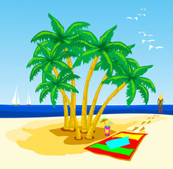 Fototapeta na wymiar Spiaggia con palme, barche e ragazza