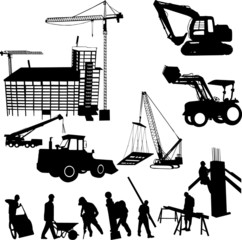 construction objects vector (crane - worker - building)