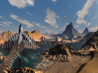 Fototapeta premium Flying Saucers over Alien City