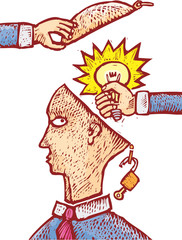 Two hands grabbing an idea from an human head.