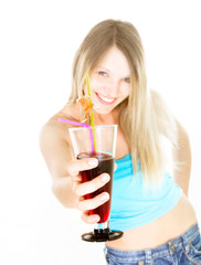 happy girl giving glass of juice over white