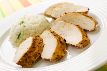 Roasted chicken  meat with white rice and vegetables