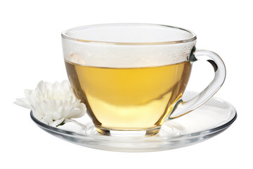 cup of green tea and white flower isolated