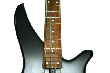 Fototapeta na wymiar Fragment of black Bass Electric Guitar With Four Strings