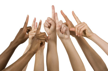 Group of Hands Holding up the Number One Sign