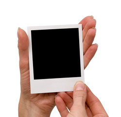 Female holding blank photo, detailed clipping path