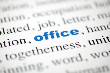 mot office Bureau(Fonctions) texte flou mot bleu