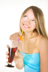 beautiful girl with glass of juice over white