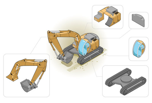 isometric illustration of an excavator and his components