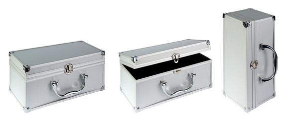 Silvery suitcase on a white background.  (isolated)