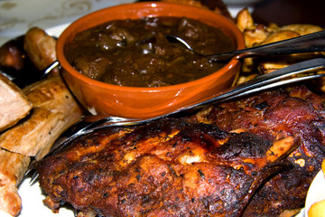 plate with meat in restaurant