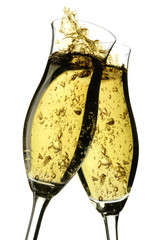 Champagne cheers with bubbles on a white background