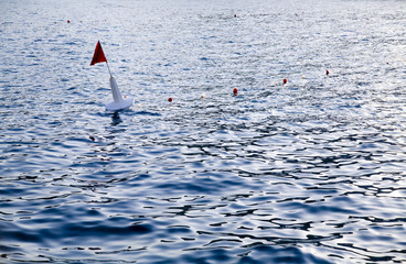 navigation buoy in sea water near a coasline