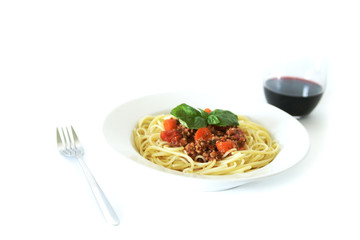 Meat sauce spaghetti and red wine