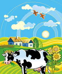 Summer rural landscape with cheerful cow
