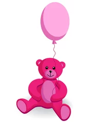 Foto op Plexiglas kleine roze zittende beer met ballonnen © Klepsidra
