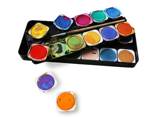 Paint box, with splatters of paint, multicolored, isolated