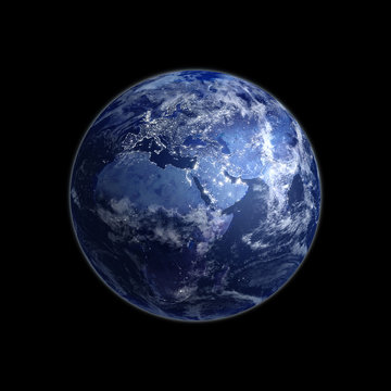 Night view of Earth with lights glowing in urban areas.