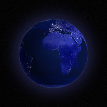 Night view of Earth with lights glowing in urban areas.