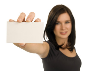 Young woman holding a blank business card