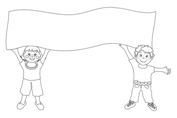 Bimbi con cartellone - Immagine in bianco e nero da colorare