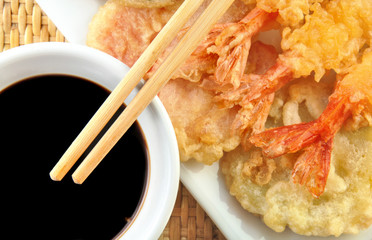 Shrimp Tempura with Chopsticks and Soy Sauce
