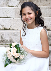 smiling girl in white dress