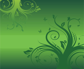 Abstract Green Floral Composition with Flying Butterfly - Vector