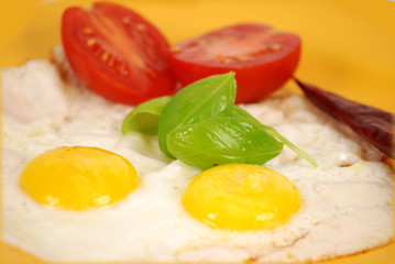 Spiegeleier mit tomate und Basilikum