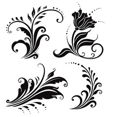 vector illustration. four black and white floral elements