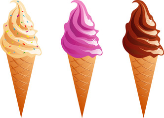 Three ice-creams in waffle cone